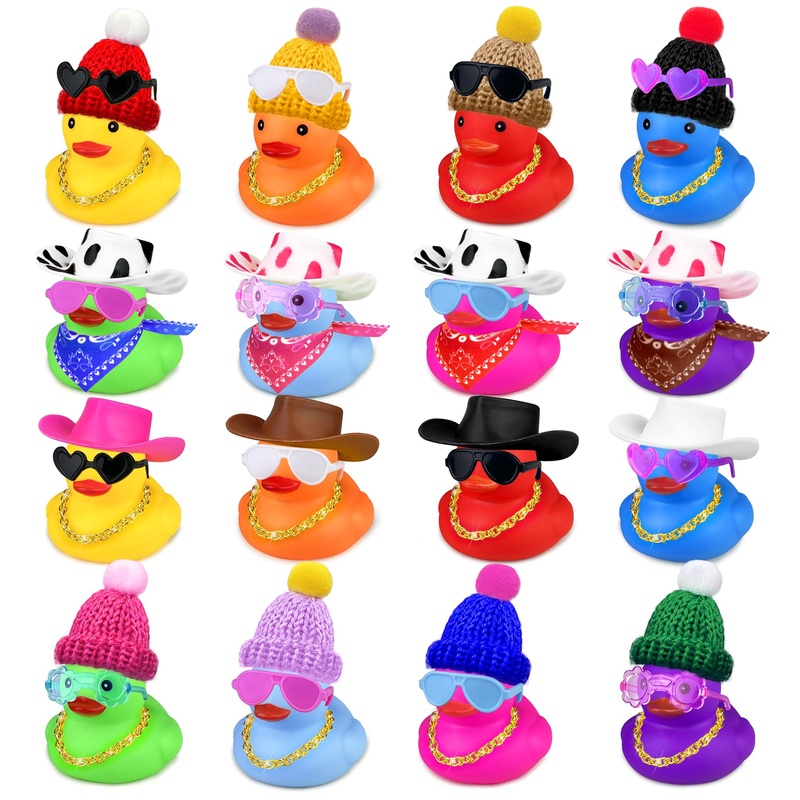 16 Set 64 Pcs Mini Duck Bulk Decoration With Hat Scarf Necklace And Sunglasses For Birthday Baby Shower Swimming Party Favor Dec