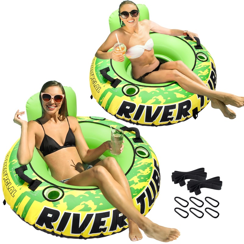 53” Heavy Duty River Tube For Floating With Canvas Cover, 2 Pack Tubing Floats For Lake Pool, Inflatable Water Tube For Floatin