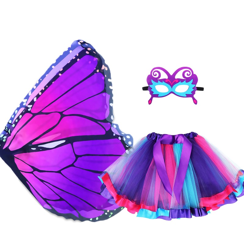 D.Q.Z Kids Fairy Butterfly-Wings Costume For Girls Halloween Butterfly Costumes & Rainbow Tutu Dress Up Party Supplies (Purple1)