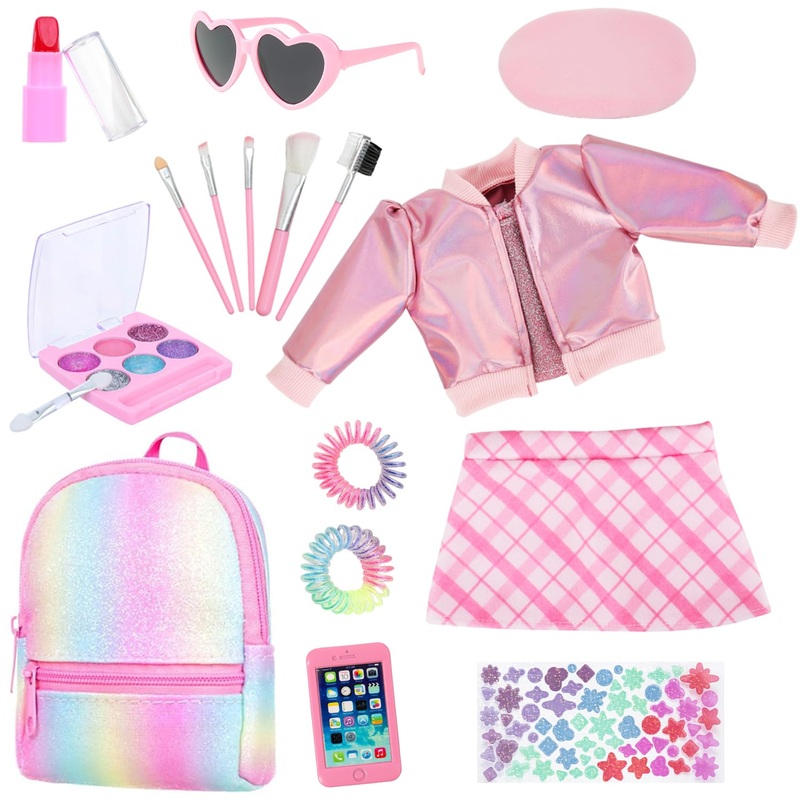 Ecore Fun 17-Piece 18 Inch Doll Accessories Cosmetic Set With Backpack & Outfits | Pretend Play Makeup Kit For 18” Dolls | Incl