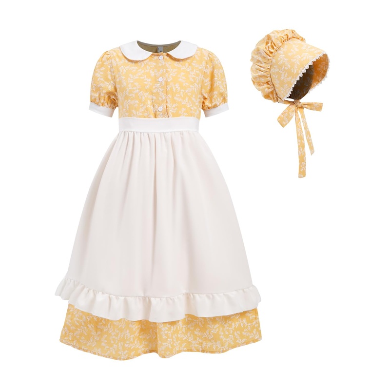 Fortmac Pioneer Dresses For Girls Colonial Prairie Dress Girls Short Sleeves 1800S Pilgrim Costume With Apron And Bonnet Yellow
