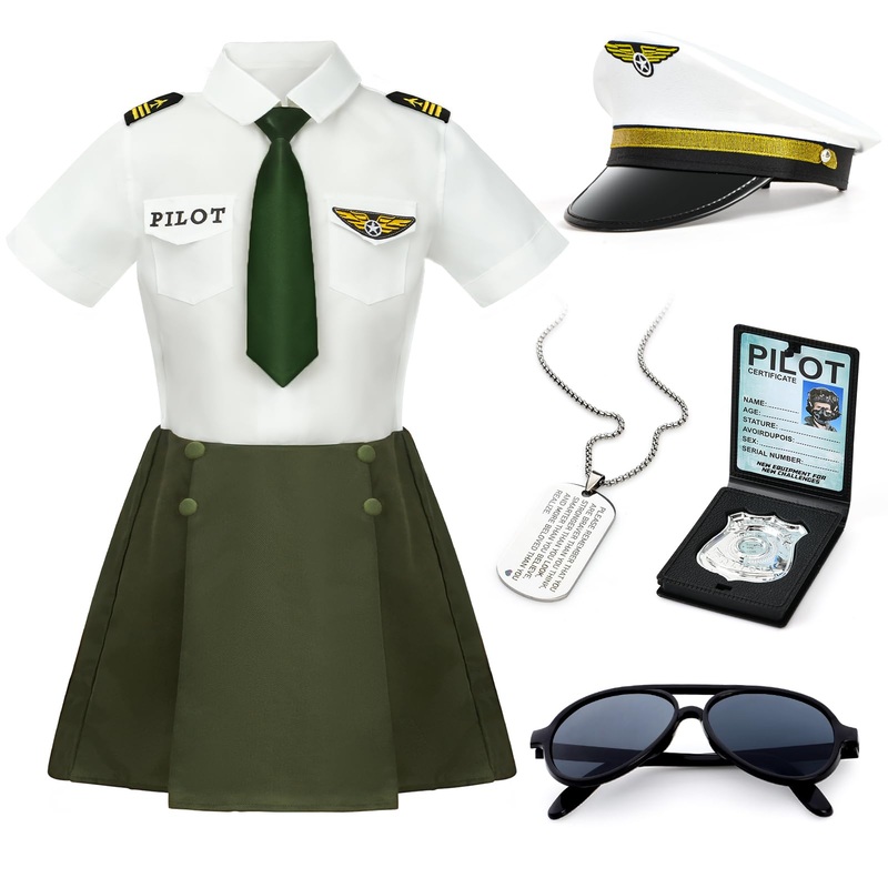 G.C Girls Pilot Costume Kids Dress Up Outfits Toddler Sunglasses Hat Accessories Halloween Cosplay Role Play Party Gifts