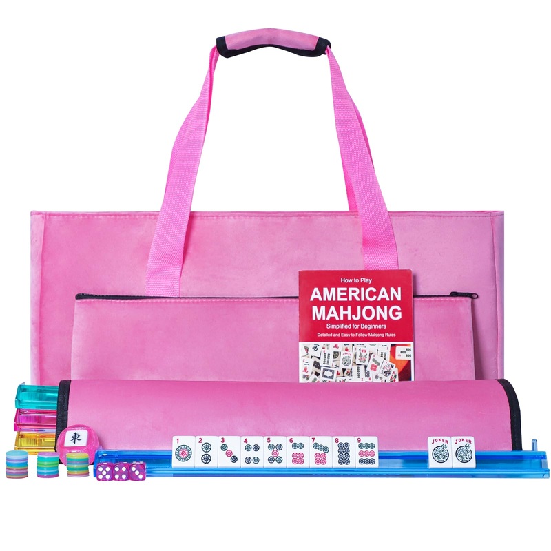 Gustaria American Mahjong Game Set, 166 White Tiles, 4 All-In-One Color Rack/Pushers, Complete Mahjong Tiles Set With Pink Carry