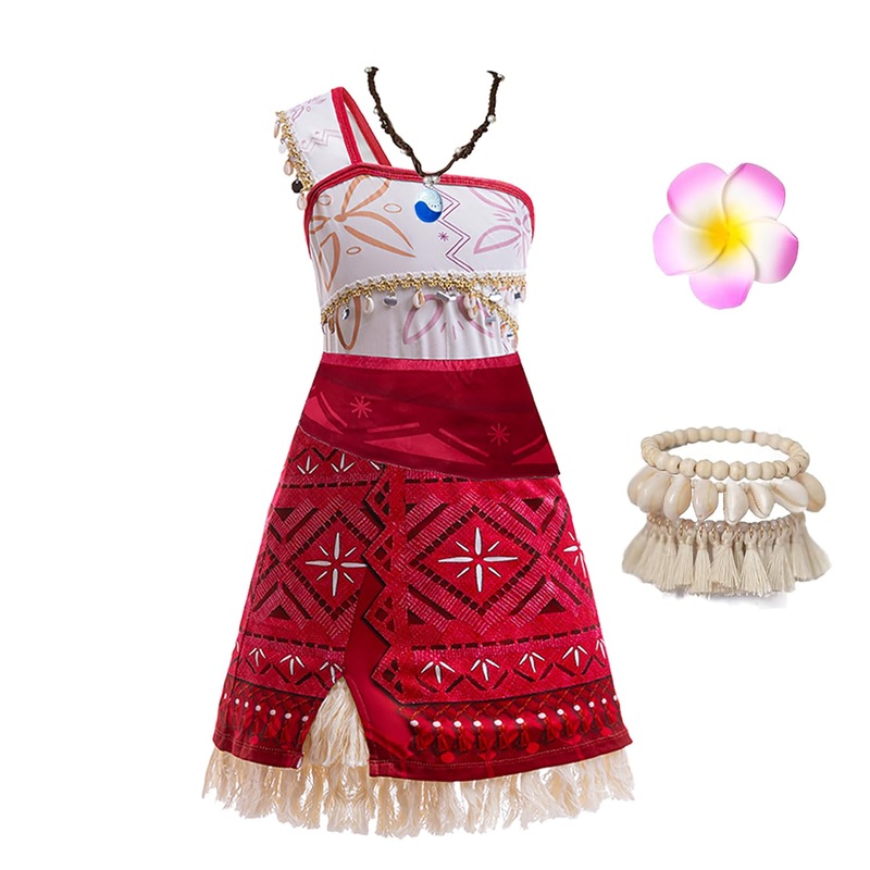 Hewtwerck Moana Costume For Girls Adventure Outfit Ocean Princess Birthday Party Dress Up With Necklace & Anklet Accesories (Red