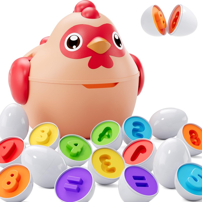 Hyes Matching Eggs For Toddlers 1-3, 12Pcs Egg Toys Chicken Montessori Geometric Learning Sensory Toys, Color Shape Sorting Puzz