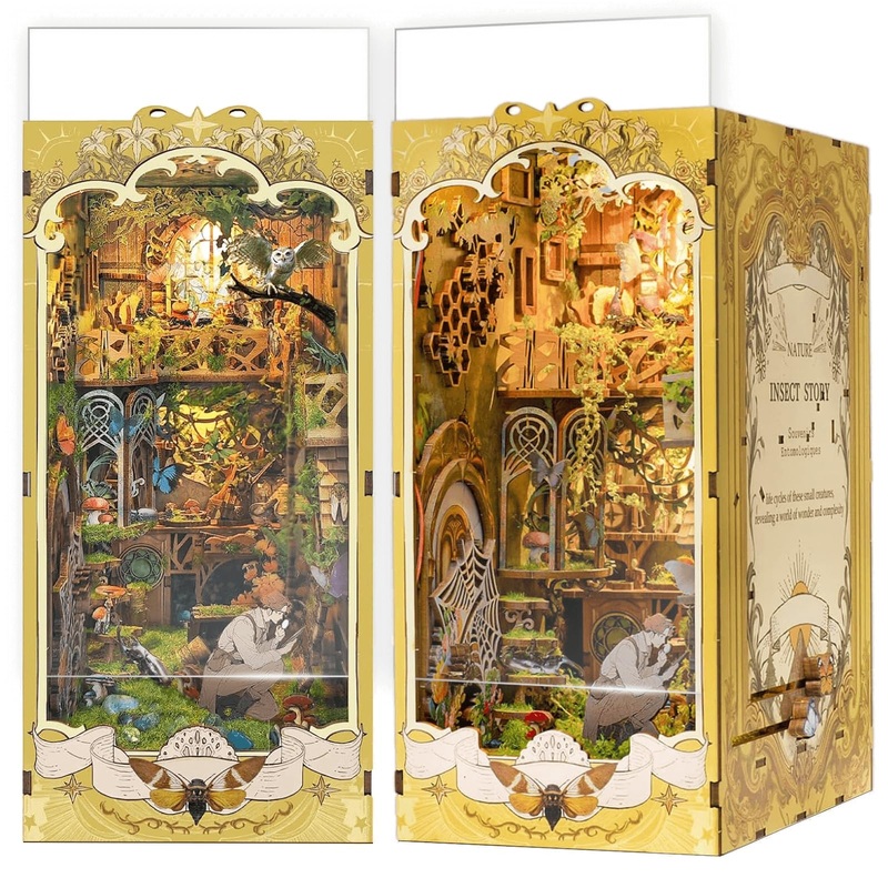 Jioustoy Book Nook Kit For Adult, Booknook W/Dust Cover. Diy Miniature Dollhouse 3D Wooden Puzzle Bookend With Led For Bookshelf