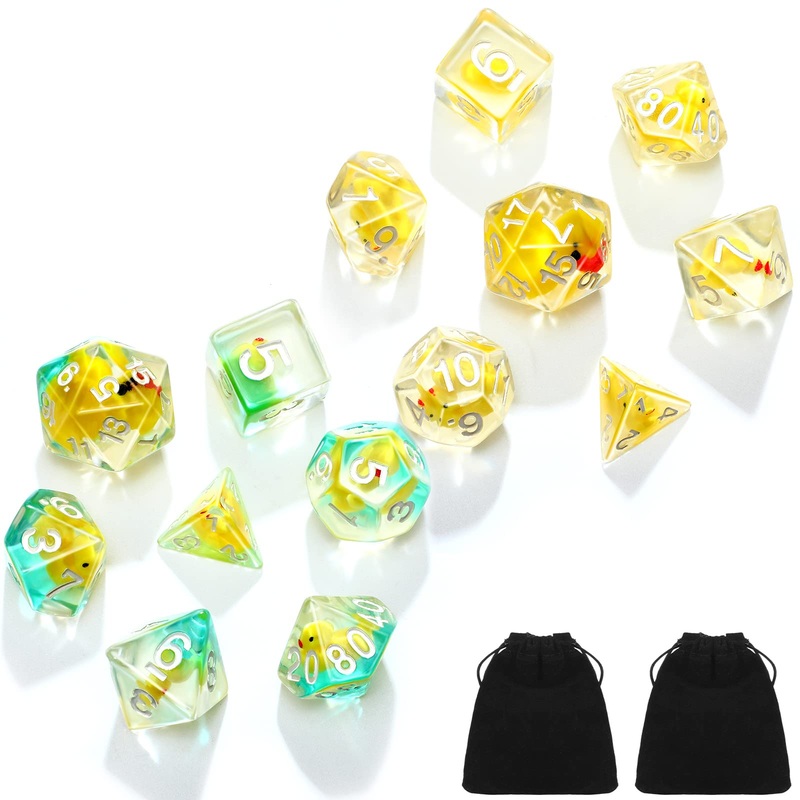 Kathfly 14 Die Rubber Ducks Dice, Resin Polyhedral Dice Set Filled With Animal, Ice Cool Rubber Ducks Translucent Cute Playing T