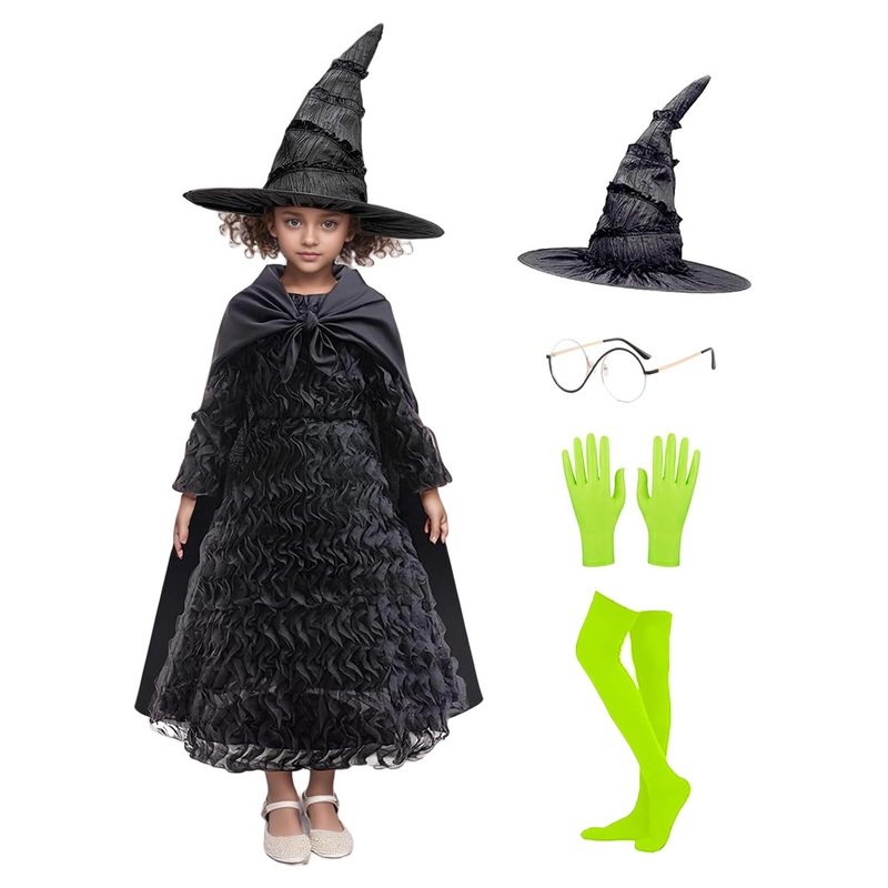 Kids Elphaba Costume Witch Cosplay Black Ruffled Dress Cloak Gloves Glasses Pointed Hat Halloween Outfit Dress Up For Girls 6-8T