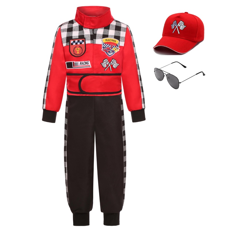 Kids Race Car Driver Costume Boys Racer Jumpsuit With Car Cap Halloween (3-4T)
