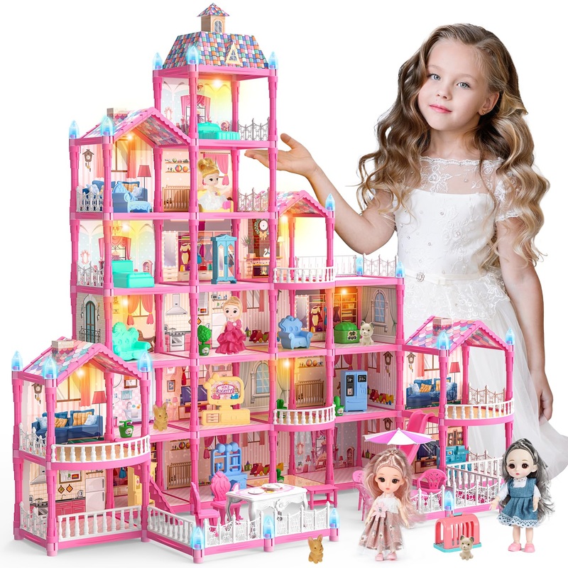 Mastom Dolls Huge House For Girls, 6-Story Dream Dolls Girls Houses With 4 Dolls Toy Figures, Furniture And Accessories, Led Lig