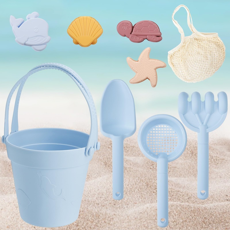Mewtogo 9Pcs Silicone Beach Toys For Kids – Boys Baby Sandbox Toys With Shovel Portable Beach Bag, Toddler Beach Bucket Set With