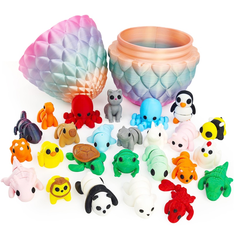 Next Stop M 25Pcs 3D Printed Animal Toys For Kids Easter Basket Stuffers With Decorative Egg Case, Classroom Prizes, Party Goodi