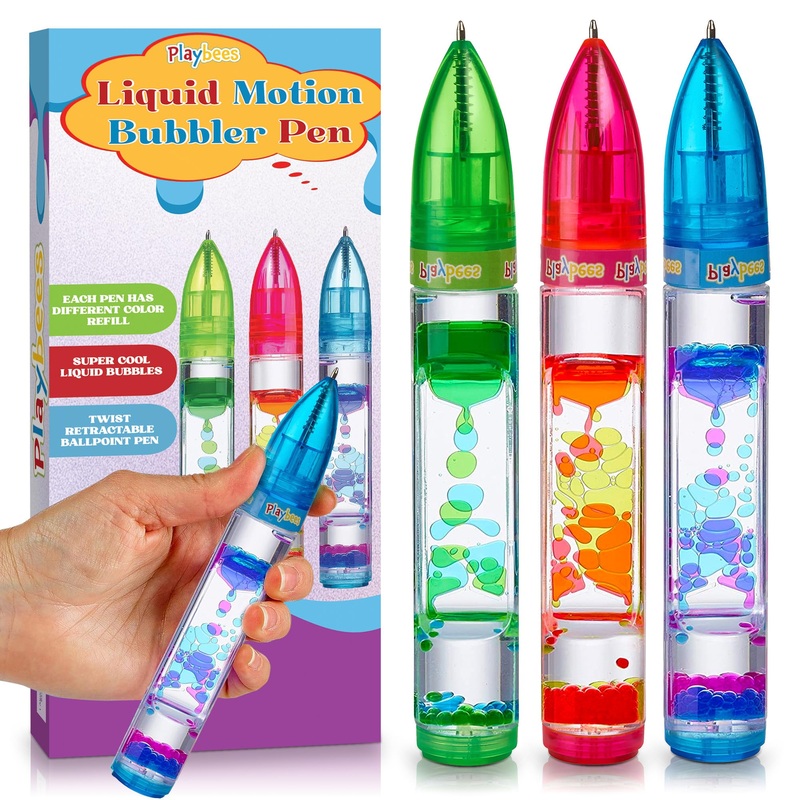 Playbees Liquid Motion Bubbler Pens Cool Pens For Kids (3 Pack) – Writes Like A Regular Pen – Colorful Liquid Timer Pens Great F