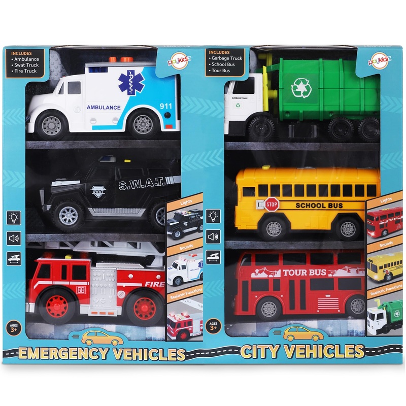 Playkidiz Toy Cars For Toddlers – 6Pcs Pull Back Cars Toys With Light And Sounds, City And Emergency Vehicles Set, Including Pol