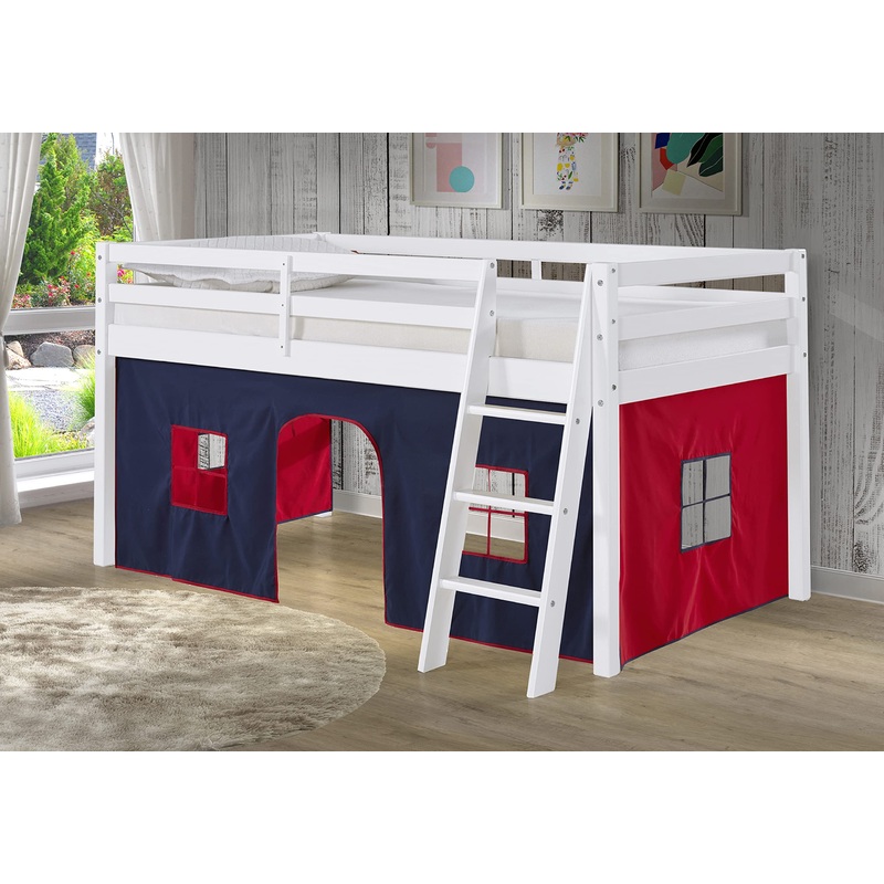 Roxy Twin Wood Junior Loft Bed For Kids With Removable Blue/Red Tent – Multifunctional Bunk Bed, Sturdy Frame, Safe Design, Colo