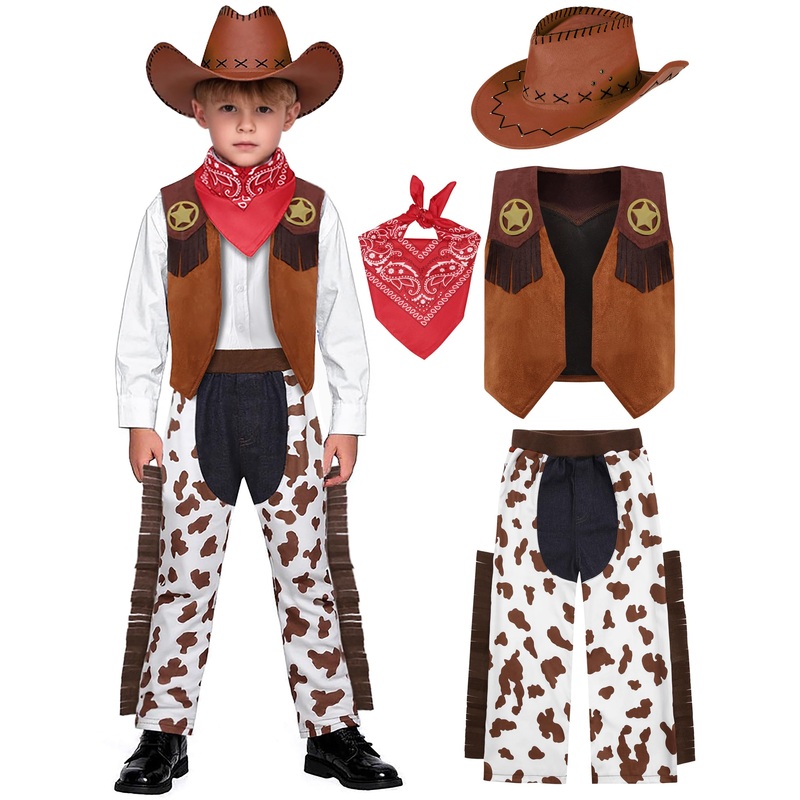 Sicypoty Kids Cowboy Costume Boys Girls Brown Western Costume Outfit For Halloween Cosplay 5-7 Years