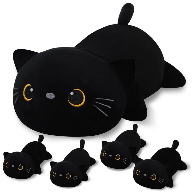 Sqeqe Black Cat Mommy Stuffed Animal With 4 Babies Cat In Her Tummy, Cute Black Cat Plush Toys For Kids, Gifts Ideal For Christm