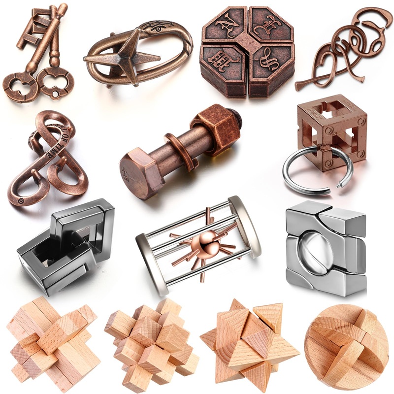 Syhood 14 Pcs Brain Teaser For Adults Metal Puzzles 3D Steel Puzzle For Adults Mind Puzzle Games Wooden Unlock Interlocking Puzz