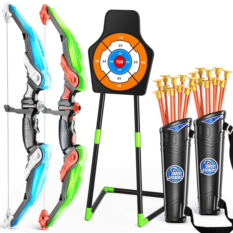 Temi 2 Pack Archery Set – Includes 2 Bows, 20 Suction Cup Arrows & 2 Quivers & Standing Target, Outdoor Light Up Toys For Kids B