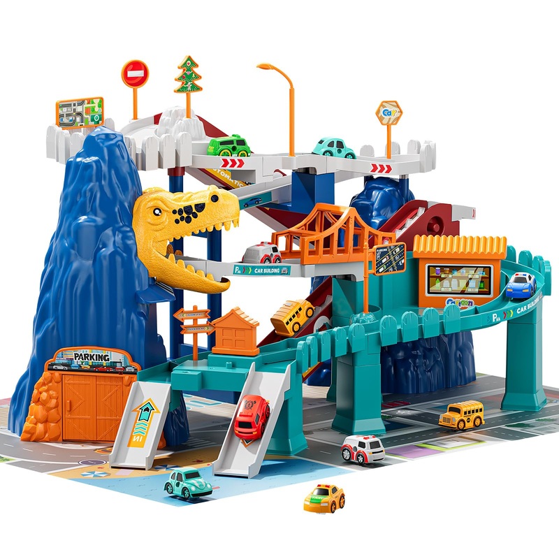 Temi Boys Dinosaur Race Track Playset, Kids Car Garage Parking Adventure Toy With 10 Mini Cars, Educational Toy Ramp Playset For