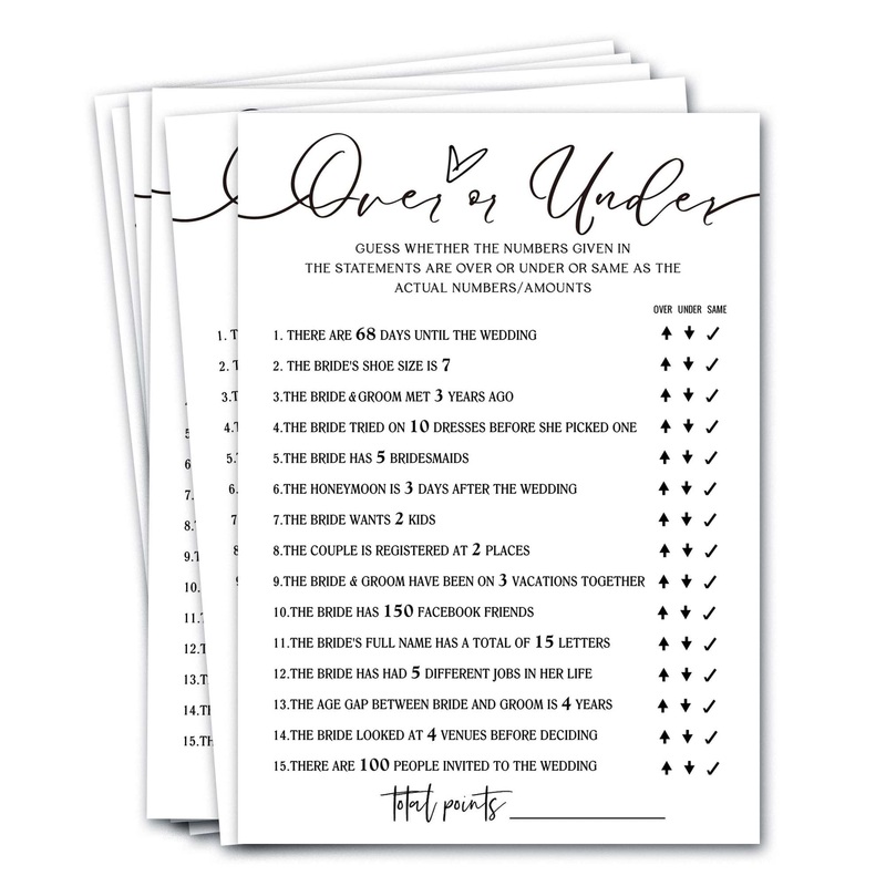 Wedding Shower Games Cards, Guess Over Or Under, Bridal Shower Games 25 Guests, Engagement Party Wedding Games For Guests, Minim