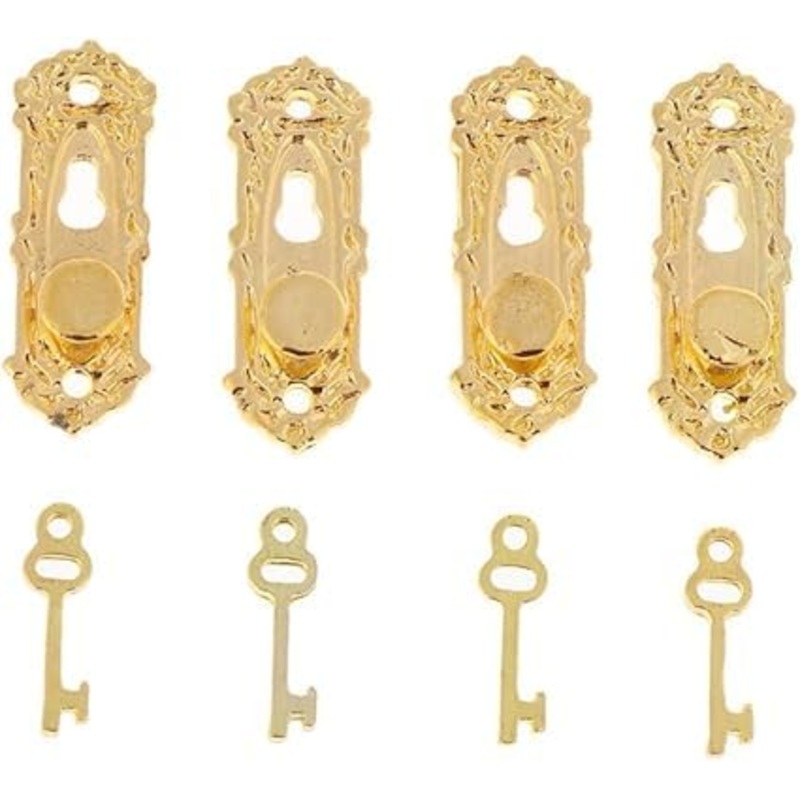 4 Set Gold 1/12 Miniature Door Knob Lock And Key Dollhouse Decoration Accessories