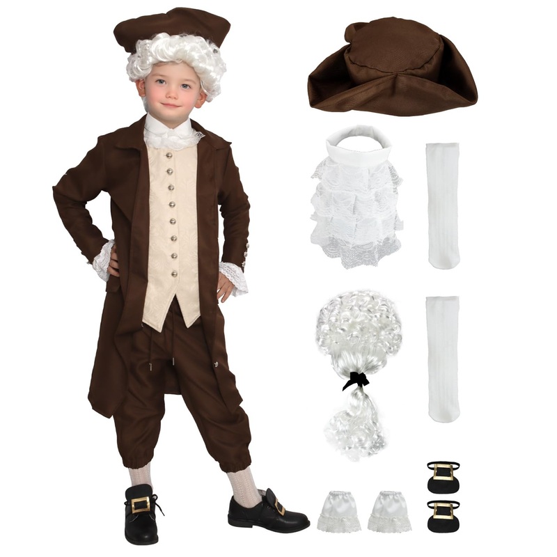 8 Pcs Colonial Costume Boys 18Th Century Traditional America Cosplay Costume With Wig. (Brown, 110)