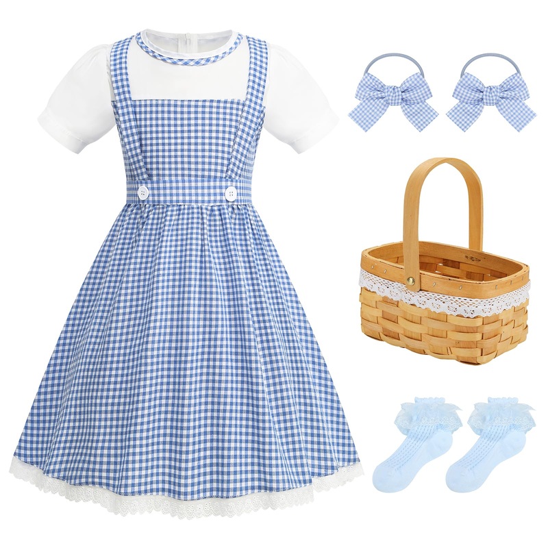 Addacos Girls Blue Plaid Costume Halloween Dress Up Outfits With Accessories (Blue, 130 (6-7T))