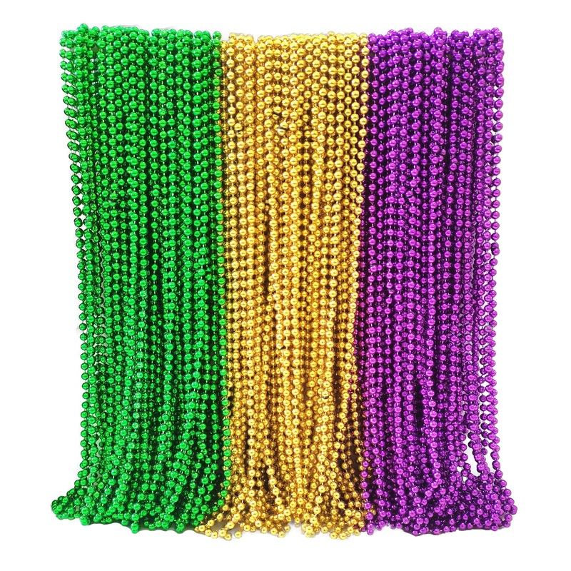 Becfupo 100 Pcs Metallic Mardi Gras Beaded Necklaces Bulk, 31.5 Inch 6Mm Gold Green Purple Beads Necklaces For Mardi Gras Decora