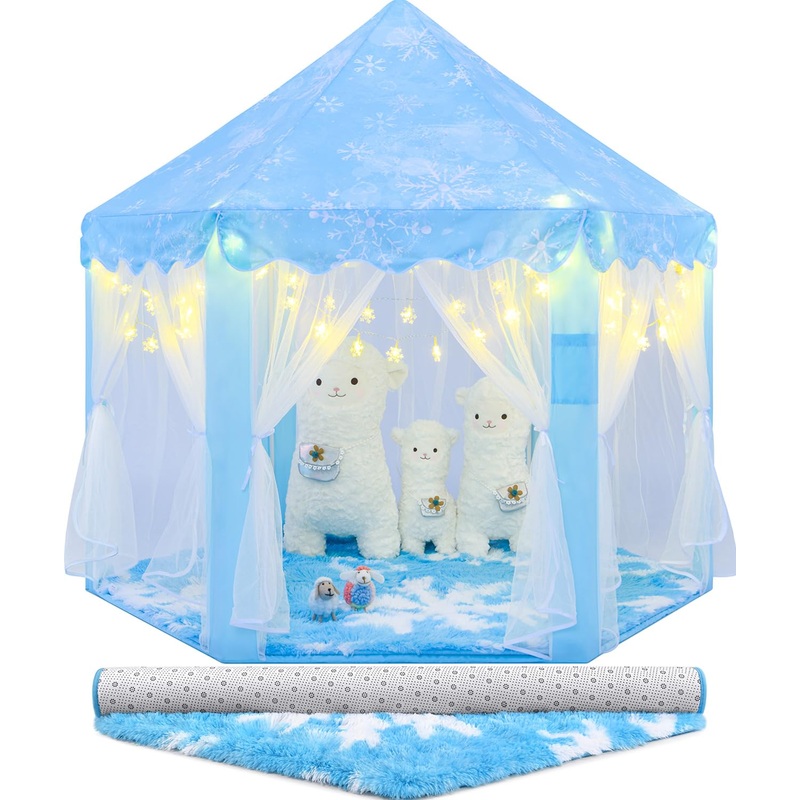 Cubnbud Frozen Princess Tent With Snowflake Lights And Rug, Girls Age 4-7, Blue Princess Castle Playhouse 55X53 Inch