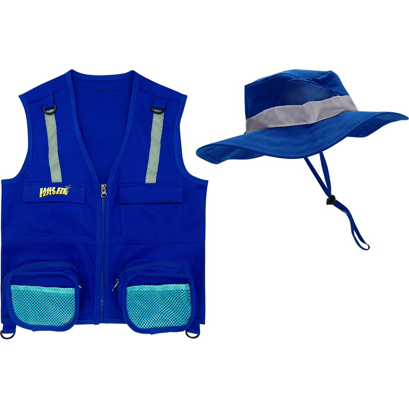 Dark Blue S/M Fits Youth Size 4-7 Combination Set Vest And Hat: 1 Blue Cargo Vest For Kids With Reflective Safety Straps & 1 Flo
