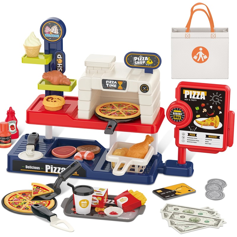 Deao Pretend Play Store Pizza Play Set For Kids, Realistic Pizza Pie Pretend Play Food,Slice And Serve Plastic Kitchen Cooking A