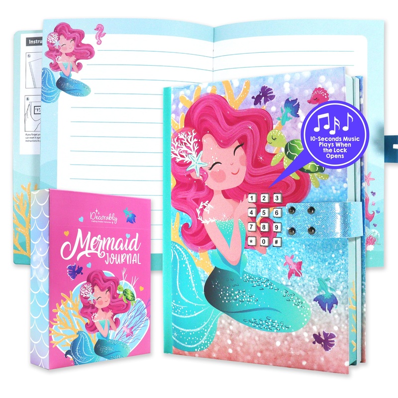 Decorably Glittery A5 Mermaid Locking Journal For Girls 6-8 With Lock Code And Music, 80 Sheets Mermaid Notebook Little Girl Dia