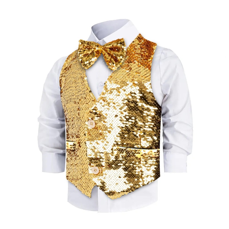 Dress Up America Boys Sequin Vest With Bowtie – Sparkly Costume Vest For Kids – Shiny Formal Party Outfit For Boys (Gold)
