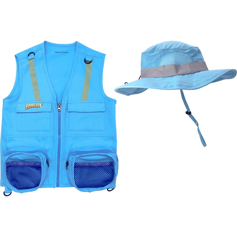 Eagle Eye Explorer Light Blue S/M Vest And Hat Fits Youth Size 4-7; 1 Blue Cargo Vest For Kids With Reflective Safety Straps & 1