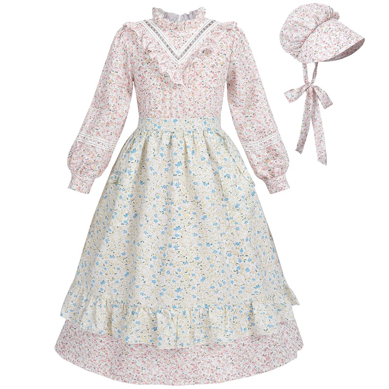 Fccam Prairie Colonial Dress Girls Long Sleeve Pioneer Dress Costume Floral Pioneer Girl Laura Ingalls Wilder Pink M
