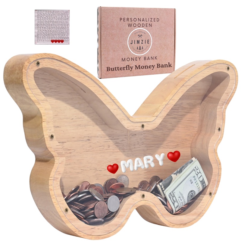 Jimzie Personalized Wooden Butterfly Piggy Bank – Clear Acrylic Butterfly Bank – Includes Letter Stickers – Large Money Bank For