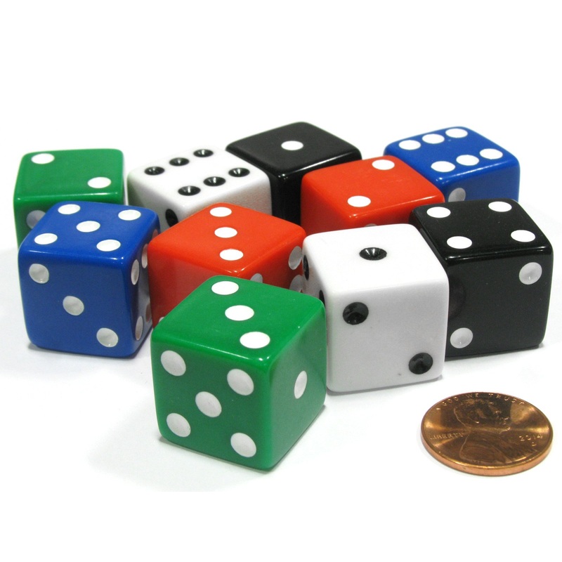 Koplow Games Set Of 10 Large Six Sided Square Opaque 19Mm D6 Dice – 2 Ea Of 5 Assorted Colors