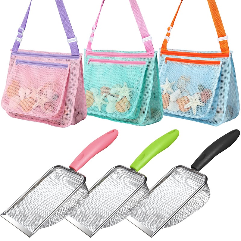 Lidago Beach Toy Set Include 3 Mesh Shovels And 3 Beach Mesh Bags,Kids Sand Sifter Colorful Mesh Bag For Shells Collecting