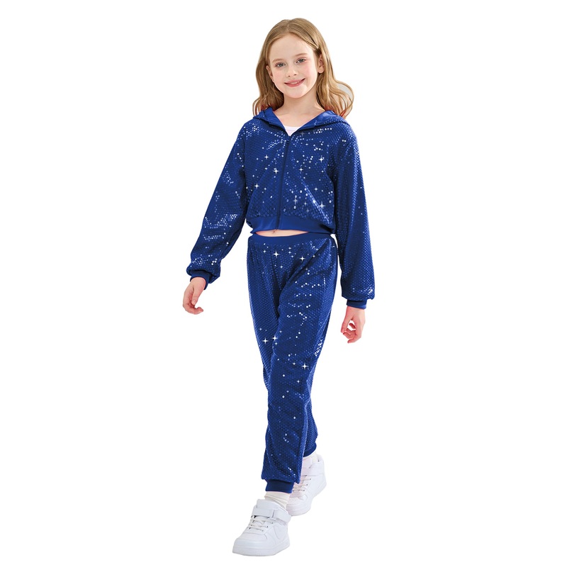 Lolanta Kids Dance Costumes Hip-Hop Modern Jazz Team Performance Girls Sequin Jacket & Pants Set (Royal Blue, 12-13 Years)