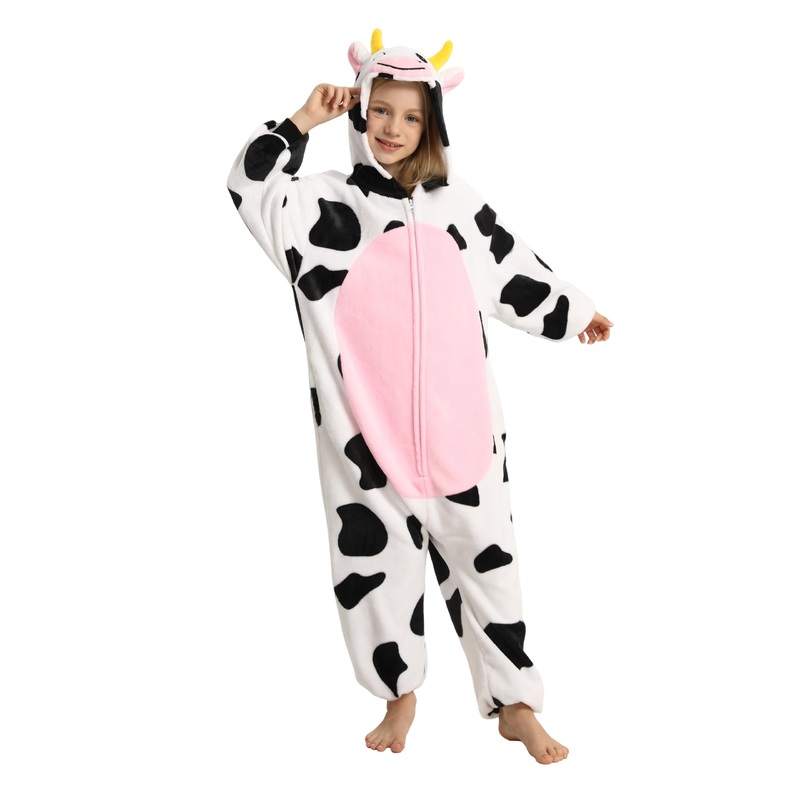 Lonulain Unisex Kids Animal Oneise Pajamas, Boys Girls Flannel Hooded Halloween Cosplay Costume/Homewear/Sleepwear (Cow,11-12 Ye