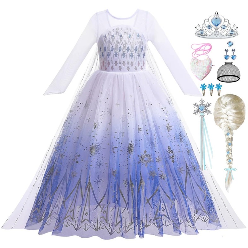 Luzlen Girls Princess Costume Kids Elsa Dress Up Outfit Halloween Birthday Party White Cosplay Dress With Wig Accessories,7-8 Ye