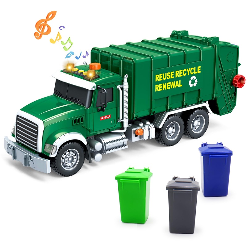 Mostop Large Garbage Truck Toy – Friction Powered Waste Management Garbage Recycling Truck With Lights, Sounds, 3 Rear Loader Tr