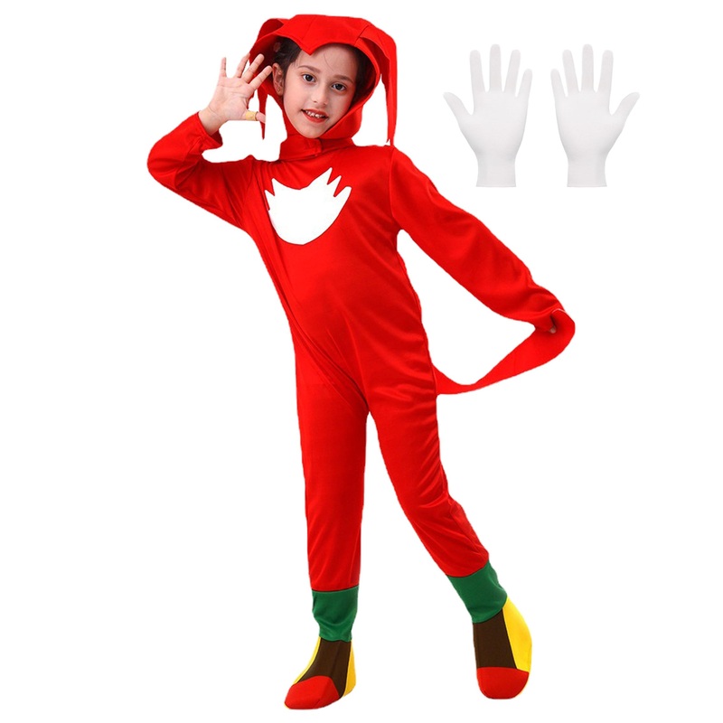 Sikkeco Halloween Costume Kids Deluxe Red Hedgehog Jumpsuit Cartoon Cosplay Unisex (Red, Medium(7-8 Years))