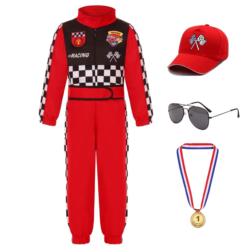 Simplecc Race Car Driver Costume For Boys Racer Jumpsuit With Car Cap For Halloween Dress Up(5-6 Years) Red