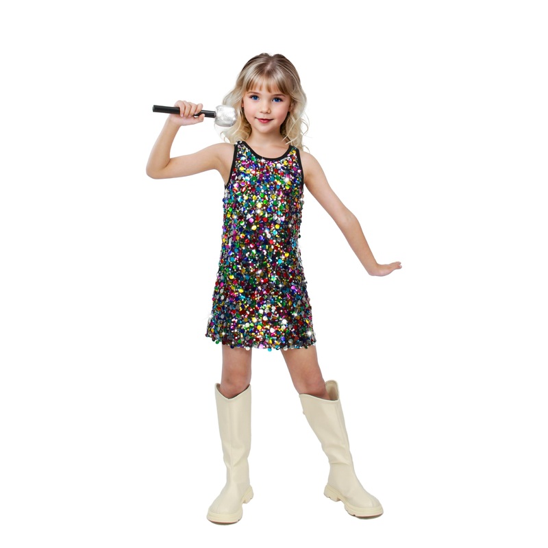 Sinkawa Jackets Girls Sequin Dress Sparkly Sleeveless Costume Prom Concert Party Outfit With Glitter Microphone Prop-Small
