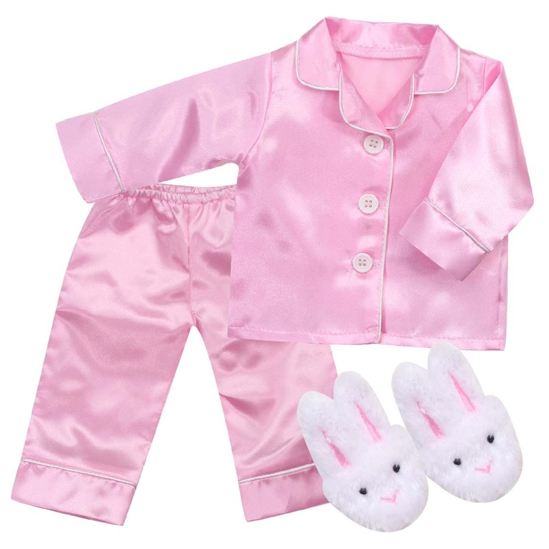 Sophia’S Satin Button Up Pajama Top And Bottoms With Piping Plus Fluffy Bunny Slippers For 18 Inch Dolls, Pink/White