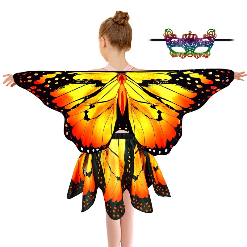 Sunlisky Kids Butterfly Wings Costume For Girls Fairy-Wings Toddler Dress Up Play Costumes Butterfly Skirt Set Mask Party Favors