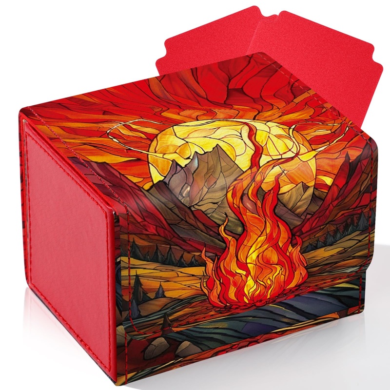 Wonderjune Pu Leather Card Deck Storage Box For Strong Magnet Storage Card Box With 2 Dividers For Tcg Ccg(Red,Flame)