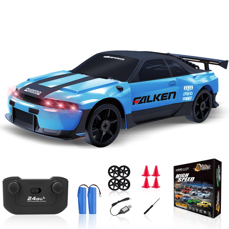 Yuan Plan 1/24 4Wd High Speed Rc Car With Led Light, Two Rechargeable Batteries And Drift Tires, Rc Car For Kids And Adults, Blu
